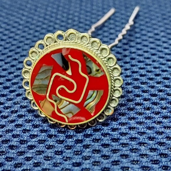 Red, silver and Abalone Mexico Geometric hair Pin - Picture 1 of 4